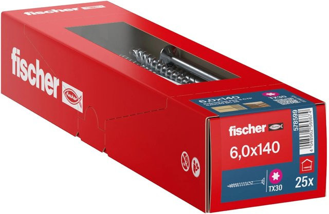 Fischer PowerFast II Holzschraube mit Torx-Antrieb, verzinkt, Farbe: Silber/Blau, Durchmesser: 6 mm, Länge: 140 mm, 25 Stück - Bild 1