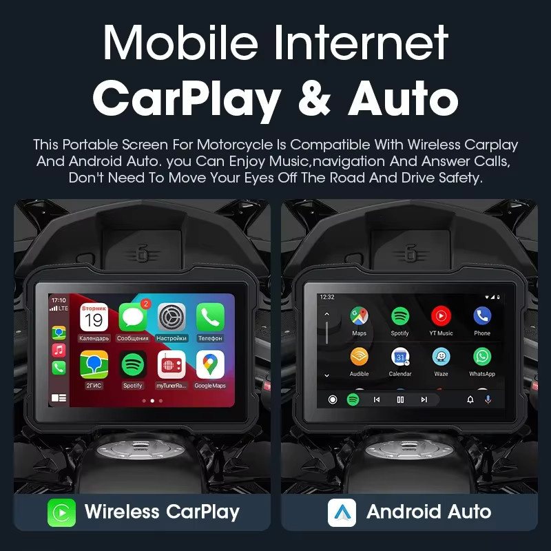 Srnubi 5-Zoll Motorrad-DVR-Navigation mit kabellosem CarPlay, Android Auto und Airplay, tragbares IPX7 Display in Schwarz - Bild 3
