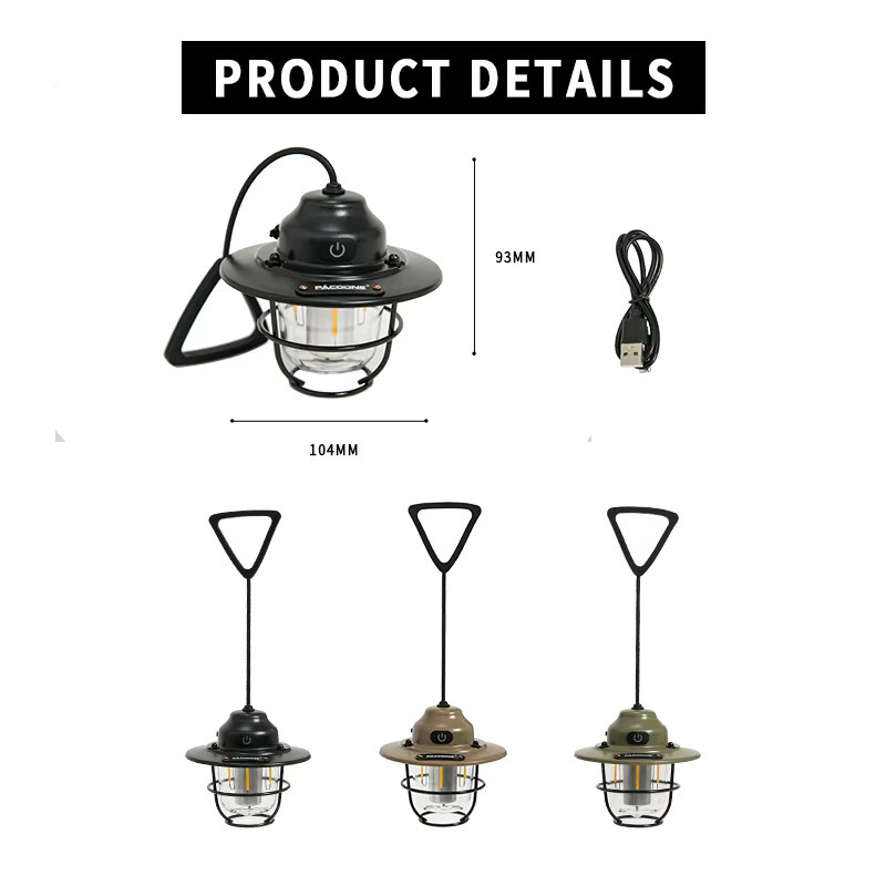 PACOONE Retro tragbare Campinglaterne IPX4 wasserdicht stufenlos dimmbar als hängende Zeltlampe für Outdoor und Wandern - Bild 3
