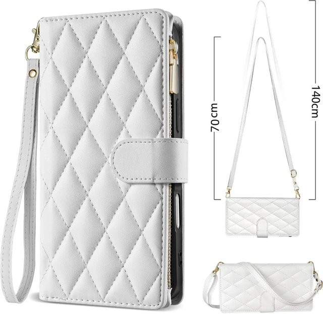 Crossbody Lederhülle für Samsung Galaxy S26 S25 S24 S23 S22 S21 Ultra FE Plus A17 A16 A36 A53 mit Reißverschluss und Kartenetui in Weiß - Bild 1