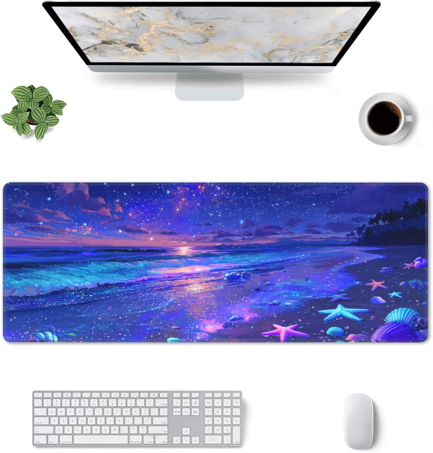 Großes Gaming-Mauspad mit Strandmotiv in Multicolour, XL Schreibtischunterlage mit genähten Kanten für Gamer und das Heimbüro - Bild 2