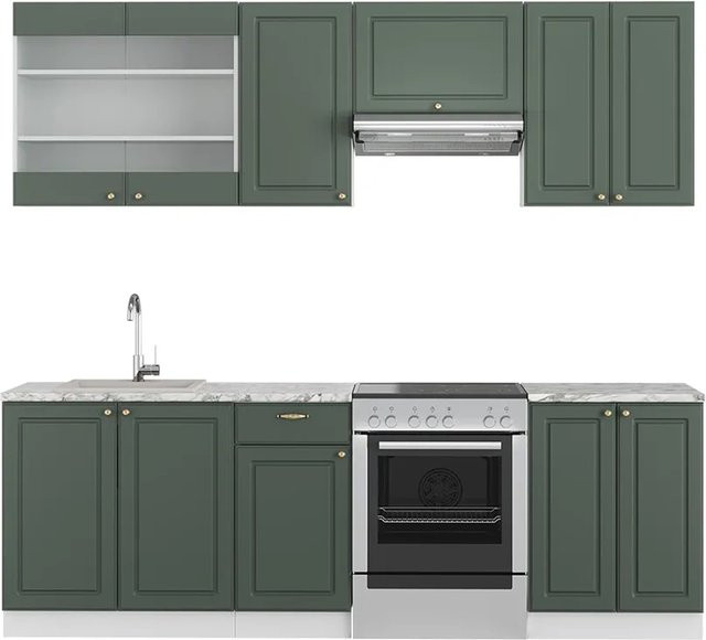 Vicco Fame-Line Küchenschränke im Landhausstil in Grün, Gold und Weiß mit Marmor-Optik, Breite: 240 cm - Bild 1