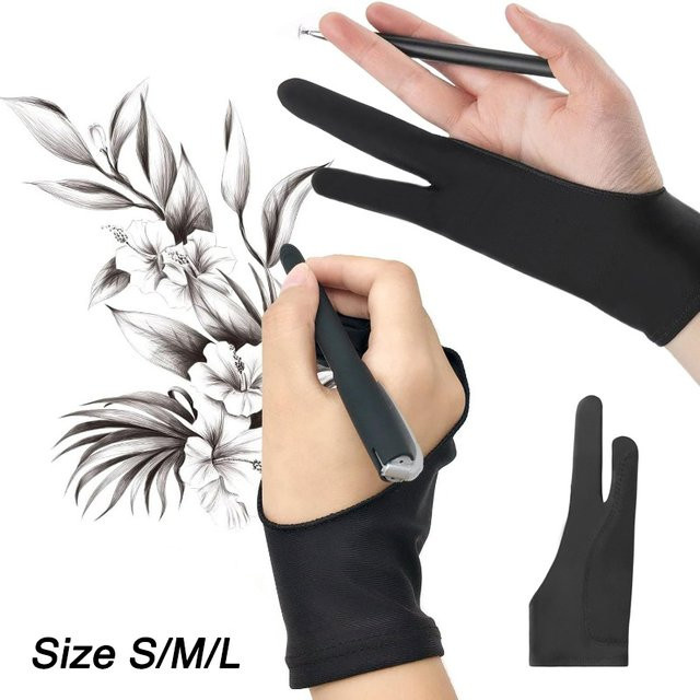 Fomscvka Zeichenhandschuh Anti-Touch Zwei-Finger-Handschuhe für iPad und Grafiktablett in Schwarz, Größen S-M-L - Bild 1