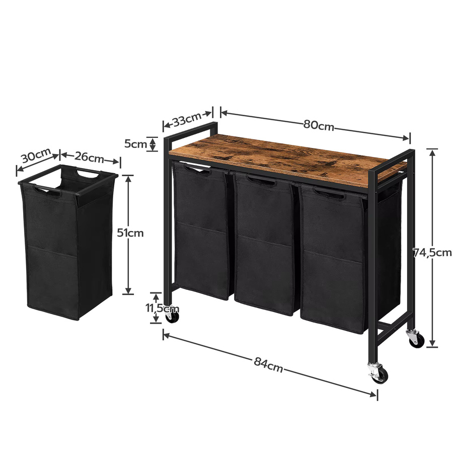 HOOBRO Wäschesortierer mit 3 Fächern und Deckel, Rollbarer Wäschekorb in Schwarz oder Braun, Fassungsvermögen: 3 x 40 l - Bild 3