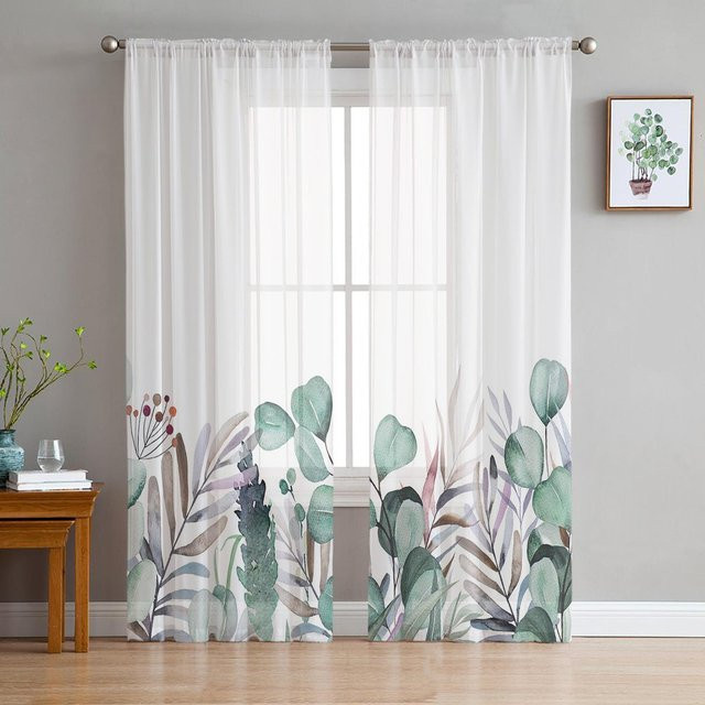 Super Six Transparente Voile-Fenstervorhänge mit Blumen- und Eukalyptusmuster in Weiß, B/H: 135 x 114 cm - Bild 1