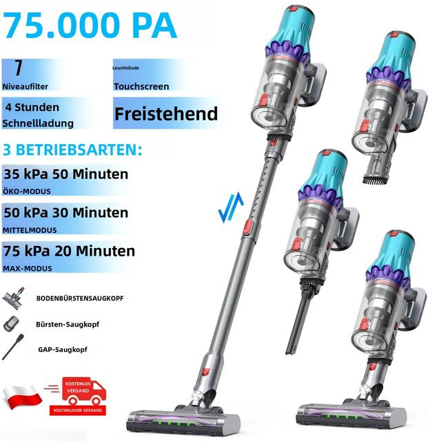 OMESER Kabelloser Akku-Staubsauger mit 75000Pa Saugkraft, bürstenlosem Motor, Anti-Verwicklungs-Technologie für Tierhaare und Teppiche, beutellos - Bild 1