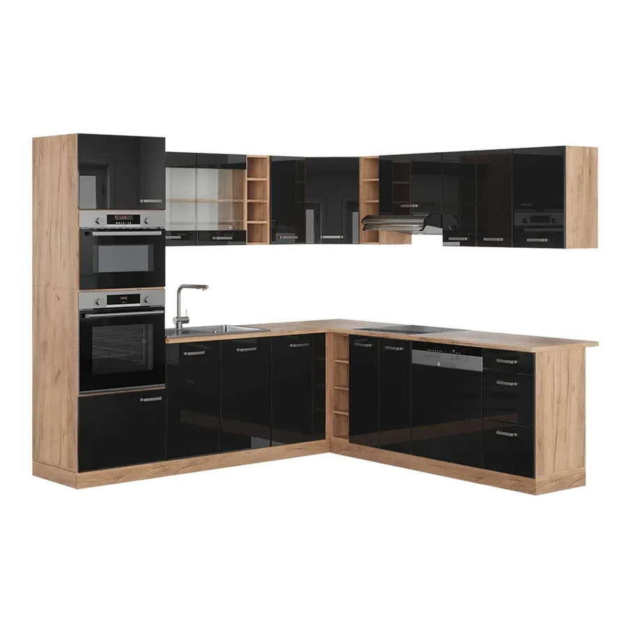 Vicco R-Line Eckküche in Schwarz Hochglanz und Goldkraft Eiche, B/T/H: 237 x 247 cm - Bild 2