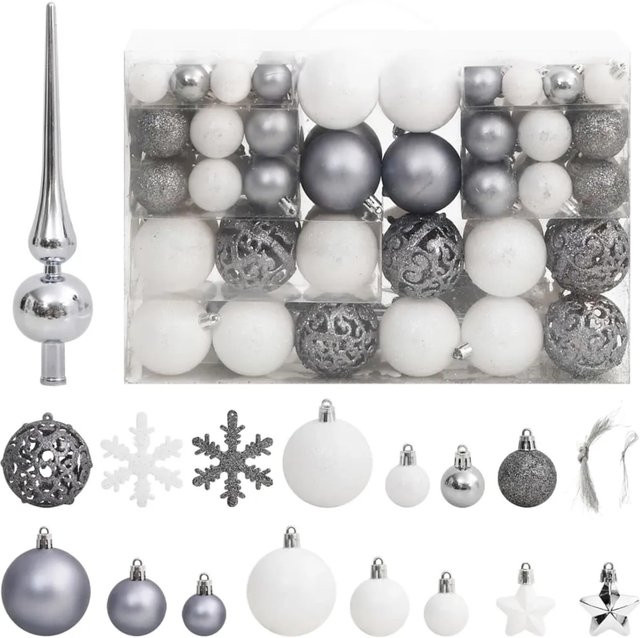furnicato 111-teiliges Weihnachtskugel-Set in Weiß und Grau mit Sternen und Schneeflocken aus Polystyrol - Bild 1