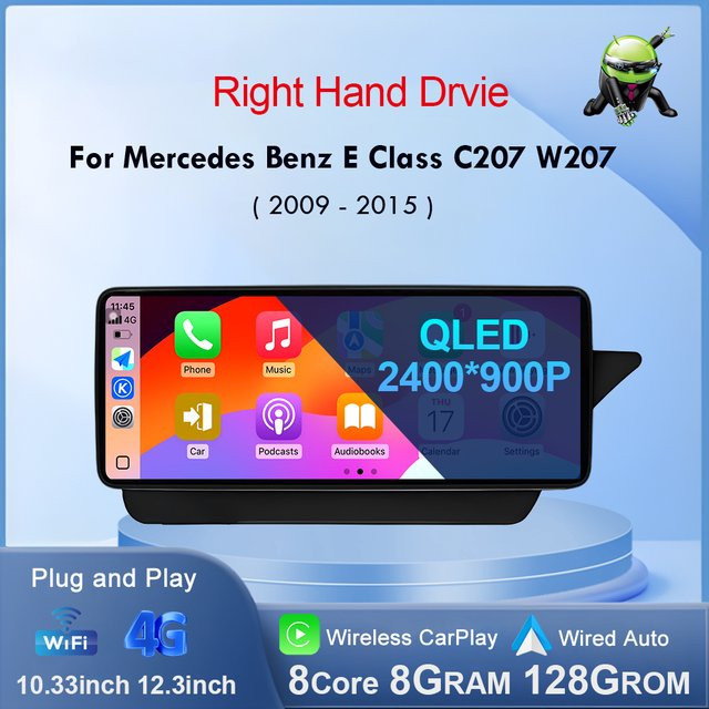 KJ-NAVI Android 14 Navigation GPS mit Wireless Carplay für Mercedes Benz E-Klasse C207 W207 A207 (2009–2015) Rechtslenker, Schwarz - Bild 1