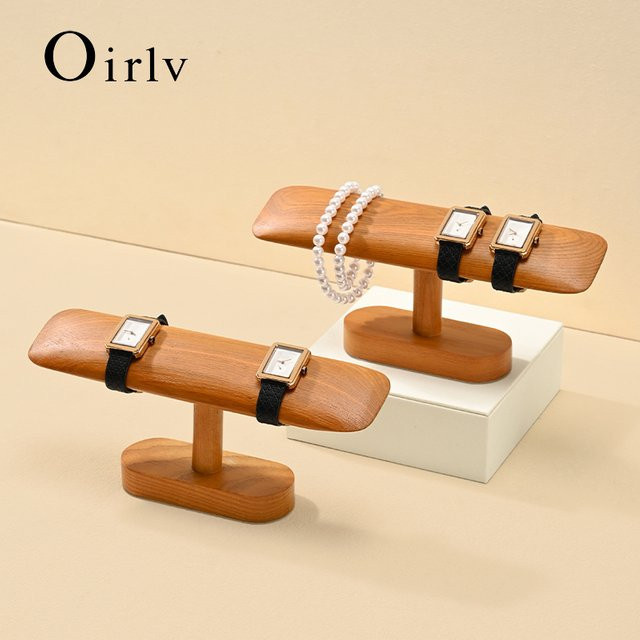 Oirlv Uhrenständer aus massivem Holz in Braun mit Gold-Akzenten als minimalistischer Schmuck-Organizer und Präsentationsständer für Armbanduhren - Bild 1
