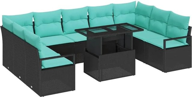 vidaXL Gartensofa-Set aus Poly Rattan mit integriertem Stauraum, 10-teiliges L-Shape Lounge-Set in Schwarz und Blau mit wetterfesten Polstern - Bild 1
