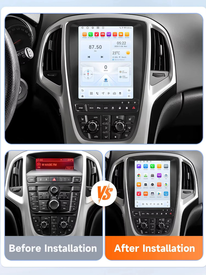 OSSURET Android 14 Autoradio mit 9,7 Zoll Vertikalbildschirm für Opel Astra J und Buick Verano 2009 - 2015, Multimedia-GPS-Player mit Wireless Carplay, Android Auto, 4G, Bluetooth und 360-Grad-Kamera, Schwarz - Bild 6