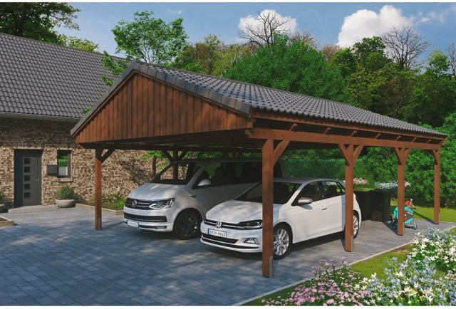 Skan Holz Carport Fichtelberg aus Fichte in Braun mit spitzer Dachform, B/T: 618 x 808 cm, Höhe: 362 cm - Bild 1