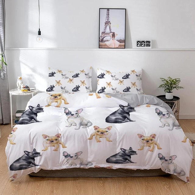 Bettwäsche-Set Your Warm Home mit französischer Bulldogge und Welpen-Motiv, weiß, 2-teilig, Bettbezug B: 140 cm, H: 210 cm und Kissenbezug 50 x 70 cm - Bild 1