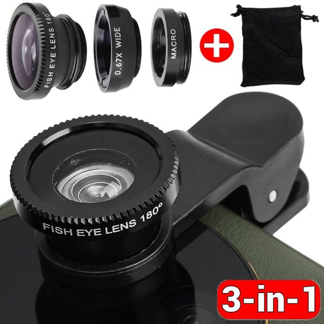 3-in-1 Fisheye-Mikrokameraobjektiv Set mit 0,67x Weitwinkel und Zoom für iPhone, Xiaomi und Redmi in Gold mit Smartphone-Clip - Bild 1