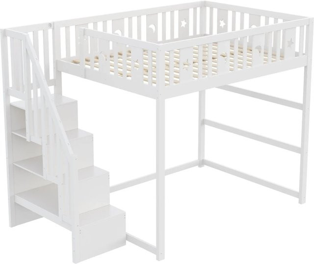 Merax Etagenbett aus Massivholz und MDF mit Treppe und Seitenfächern, Weiß, B/T/H: 200 x 140 x 145 cm - Bild 1