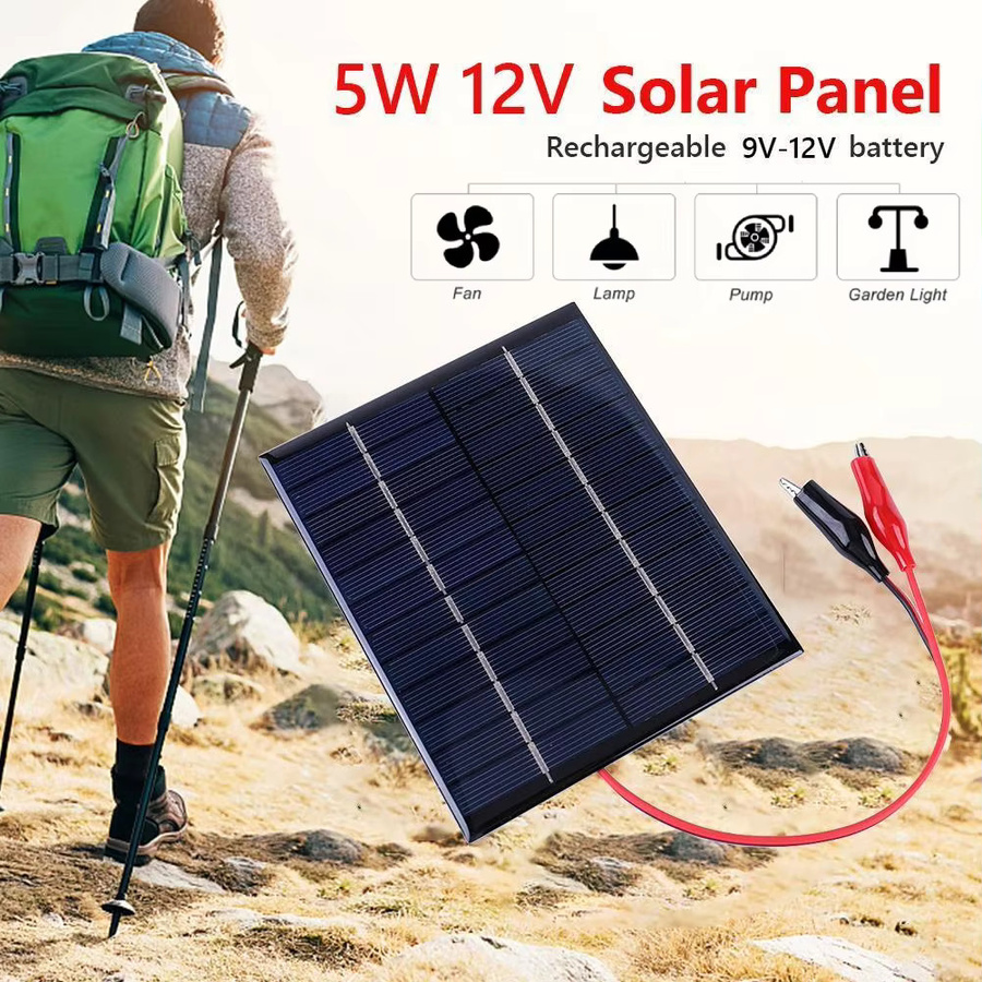 APWIKOGER 5W 12V Solarpanel Polysilizium mit Clipkabel und Barrel-Plug, Wasserdichtes Solar-Ladegerät für Outdoor-Camping, Schwarz - Bild 2
