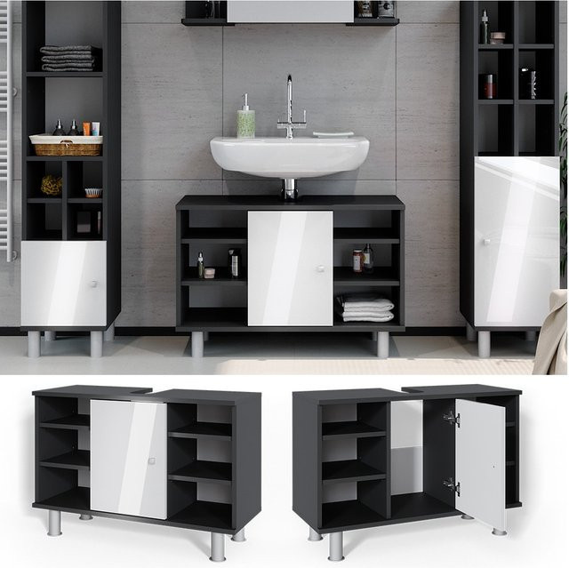 Vicco Waschtischunterschrank Fynn Badschrank in Weiß und Anthrazit Hochglanz B/T: 80 x 54 cm - Bild 1