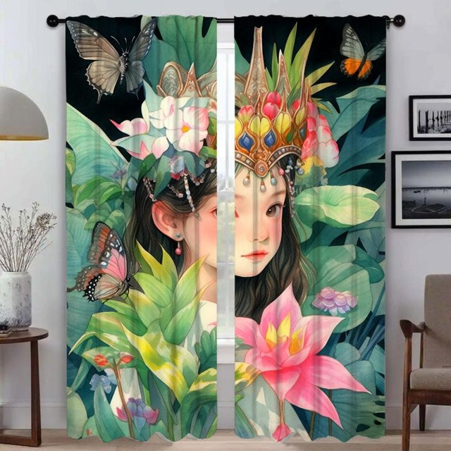 Tropische Pflanze Innenvorhänge mit floralem Design für Wohnzimmer und Schlafzimmer, 2er-Set, Mehrfarbig, Breite: 50 cm, Höhe: 70 cm - Bild 1