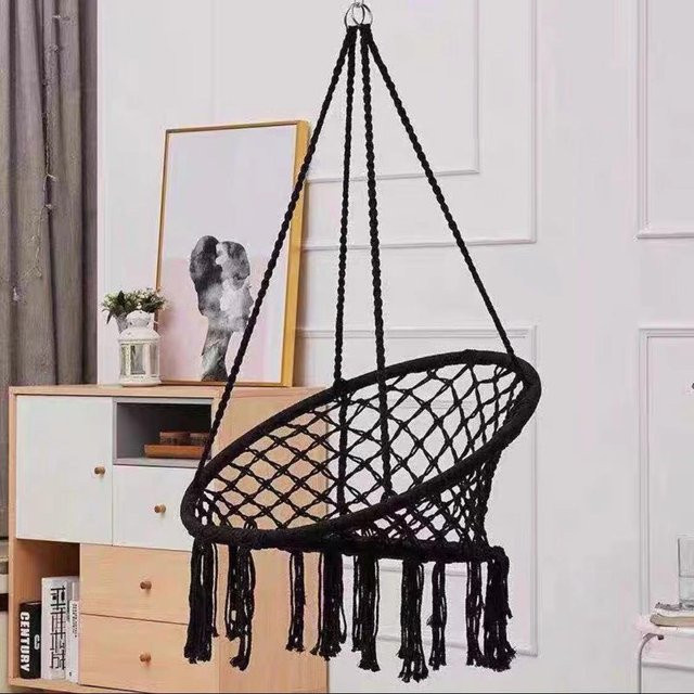 B & B Hängesessel aus Baumwollseil in Schwarz mit Quasten im Boho-Design - Bild 1
