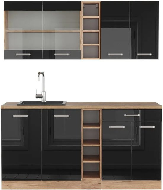 Vicco R-Line Singleküche Schwarz Hochglanz und Goldkraft Eiche, Breite: 160 cm - Bild 1