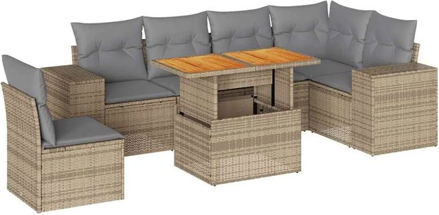 vidaXL 7-teilige Garten-Sofagarnitur in L-Form aus Polyrattan und Akazienholz mit Kissen in Beige und Grau - Bild 1