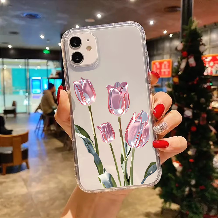 Transparente Silikon Handyhülle mit rosa Tulpen Blumenmuster für iPhone 11 12 13 14 15 16 17 Pro Max und XS XR Soft Cover - Bild 2