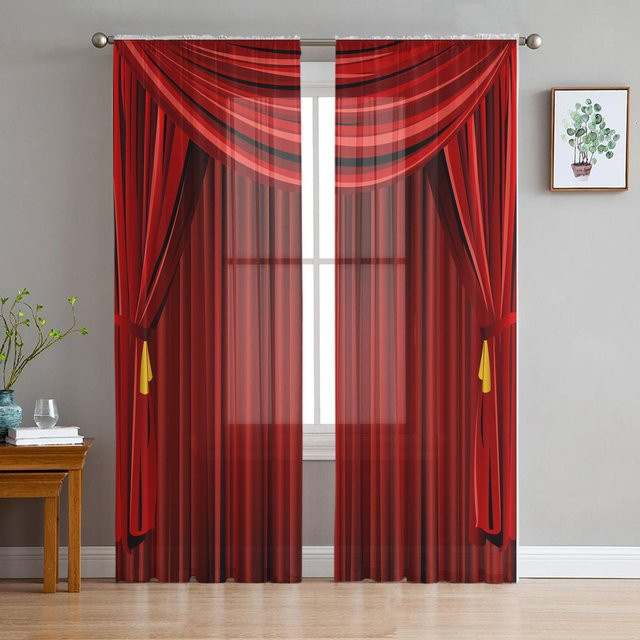 Transparente rote Tüll-Bühnenvorhänge von Your Warm Home als dekorative Voile-Fensterdekoration für Wohnzimmer und Schlafzimmer, Breite: 135 cm, Höhe: 114 cm - Bild 1