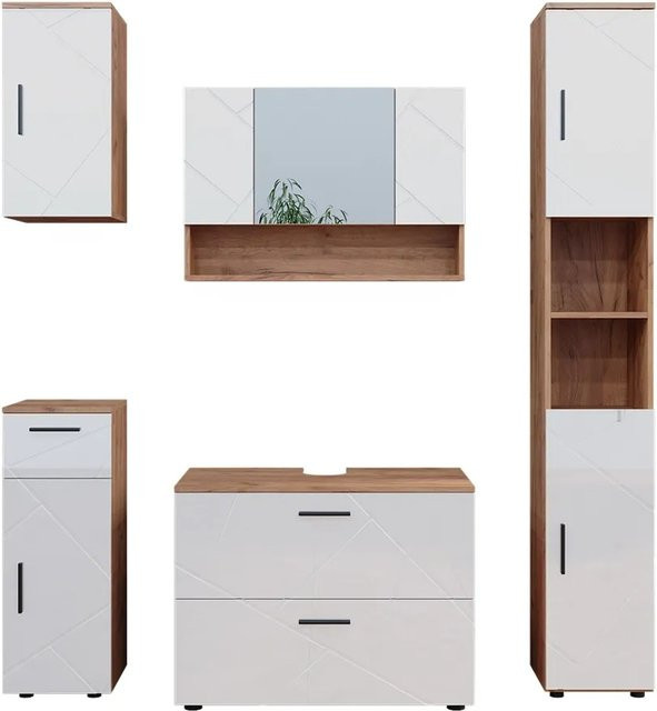 Vicco Badmöbelset Irma in Eiche und Weiß Hochglanz, 5-teiliges Badezimmer-Set mit Waschtischunterschrank, Spiegelschrank, Hochschrank, Midischrank und Hängeschrank, Breite: 80 cm, Tiefe: 30 cm - Bild 2