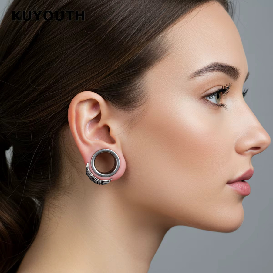 KUYOUTH Ohr-Tunnel, Asymmetrische Flügel, Edelstahl, Silber, Unisex - Bild 3