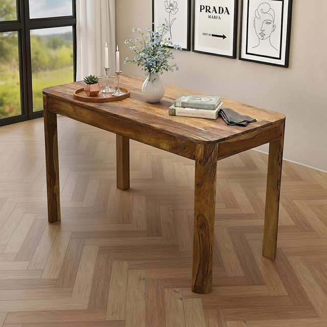 Finebuy Esstisch aus Sheesham Massivholz in Braun, rechteckiger Küchentisch mit abgerundeten Ecken, Breite: 120 cm - Bild 1
