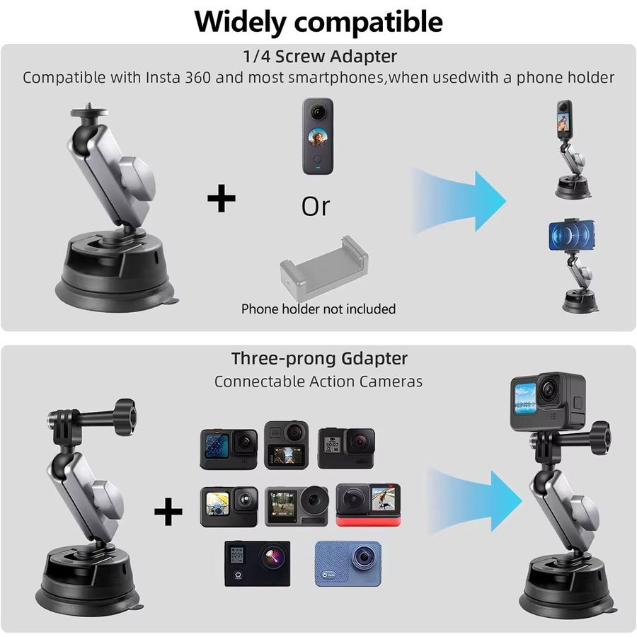 EXSKOF 360 Grad Saugnapfhalterung mit Dual-Kugelkopf für Action-Kameras wie GoPro Hero, Insta360 und DJI OSMO Action, Schwarz - Bild 6