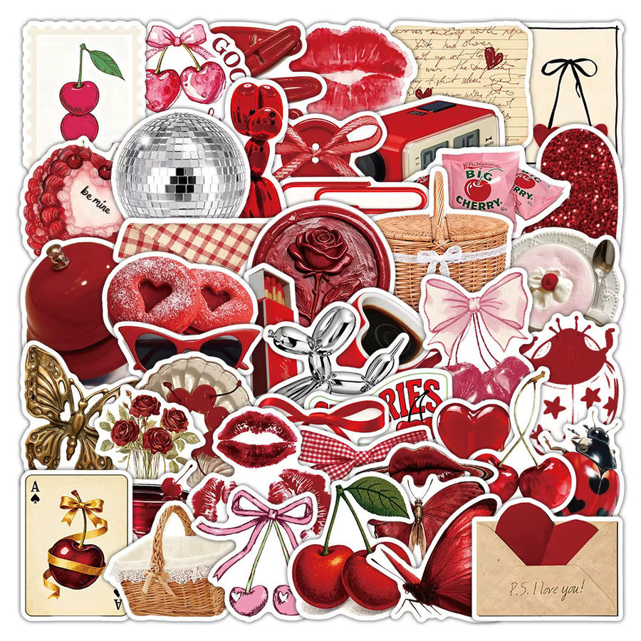 50 Stück rote Coquette-Ästhetik-Aufkleber mit Kirsch- und Schleifen-Motiven von BulingBulingStickers Store für dein Tagebuch oder deine Handyhülle - Bild 2