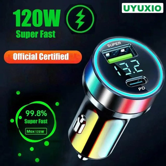 Uyuxio USB-C Auto Ladegerät Adapter mit Spannungsanzeige für Samsung, iPhone, Oppo, Vivo, OnePlus und Huawei - Bild 1