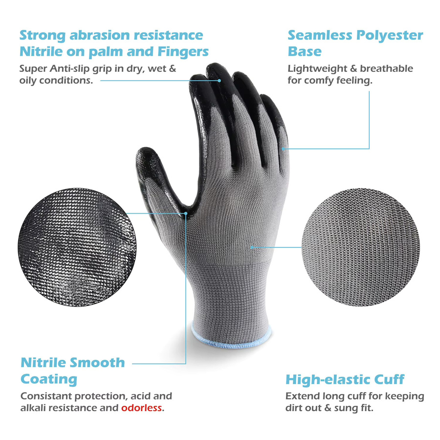 3Paris Nitril-Arbeitshandschuhe für Herren und Damen mit atmungsaktivem Nylon-Innenfutter und abriebfester Nitrilbeschichtung Stufe 4, 45 g - Bild 2