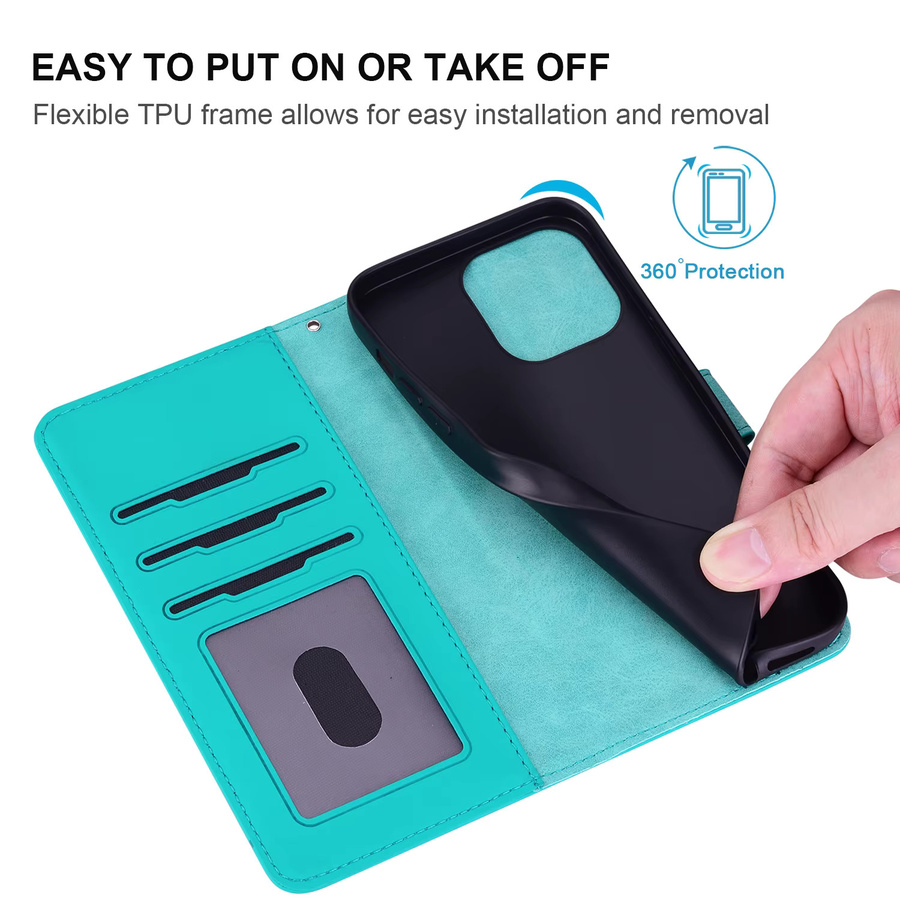 HKNR Leder Telefon Brieftasche Flip-Cover für iPhone 11 bis 16 Pro Max in Lila oder Türkis - Bild 3