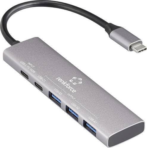 Renkforce RF-6676604 USB-Hub mit 3x USB-A und 1x USB-C, USB 3.2 Gen1 5 GBit/s, mit USB-C PD Ladeanschluss, Aluminiumgehäuse, Grau - Bild 1