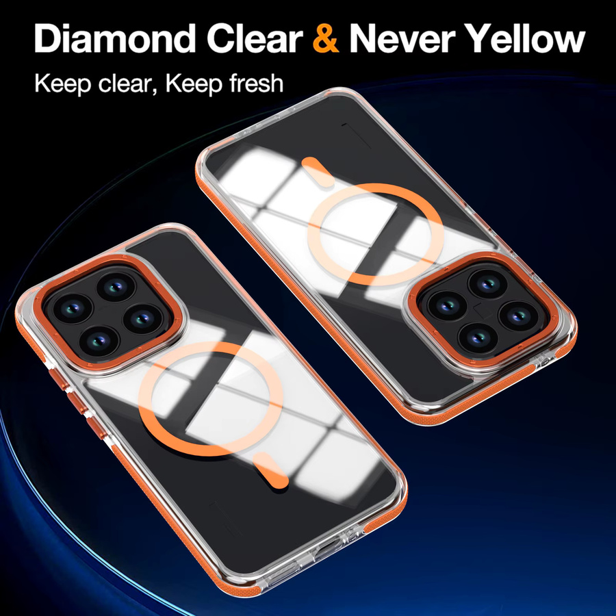 Transparente magnetische Acryl-Schutzhülle für Xiaomi 17T, 15T und 14T Pro mit farbigem Anti-Rutsch-Streifen in Orange und Anti-Vergilbungs-Effekt - Bild 2