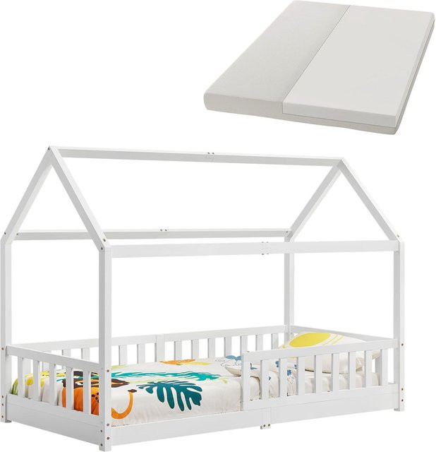 Juskys Kinderbett Marli Hausbett in Weiß mit Matratze, Gitter und Lattenrost, B/T/H: 90 x 200 cm - Bild 1