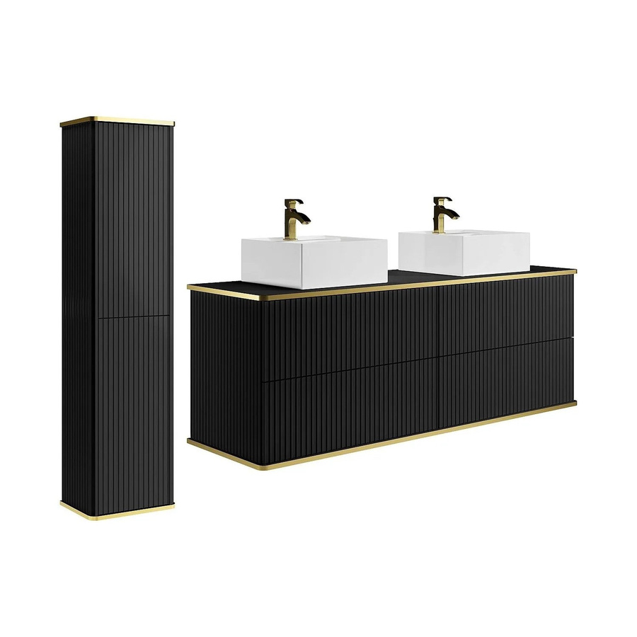 Vente-unique Badmöbel-Set Keliza in Schwarz im Art-Déco-Stil mit Waschbeckenunterschrank, quadratischem Aufsatzbecken und Hochschrank, Breite: 120 cm - Bild 2
