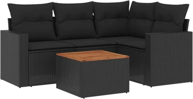 vidaXL 5-tlg Garten-Sofagarnitur Modell 72 aus Poly Rattan und Akazienholz in Schwarz mit Kissen - Bild 1
