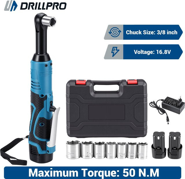 Drillpro Elektrischer Ratschenschlüssel 3/8 Zoll in Blau mit 16,8 V Akku und 6000 mAh Akku, 50 Nm Drehmoment, Tragbares Steckschlüsselsatz-Kit - Bild 1