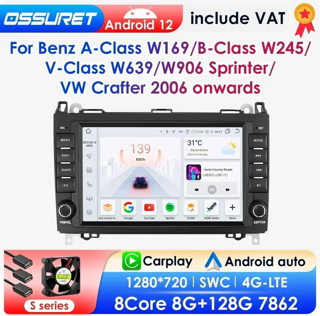 OSSURET Android 12 Autoradio mit Apple CarPlay und GPS für Mercedes-Benz A-, B-, V-Klasse, B200, W169, W245, W639, W906 Sprinter in Schwarz - Bild 1