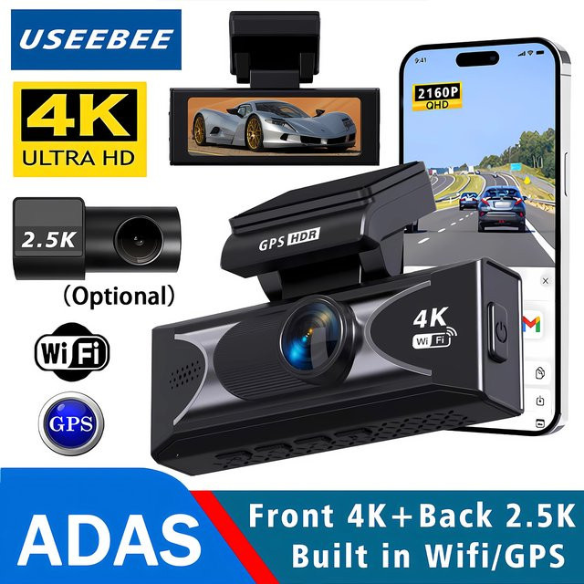 USEEBEE Dash Cam Ultra HD 4K mit 2,5K Auflösung, WIFI, GPS und Rückfahrkamera, Schwarz - Bild 1