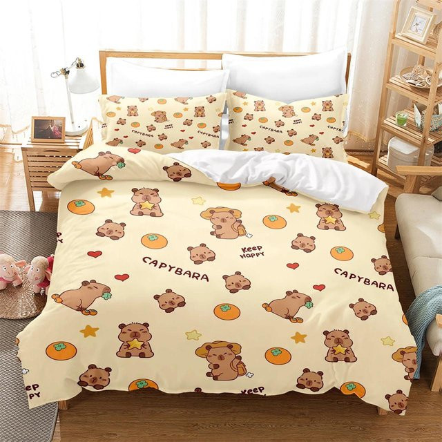 Capybara Bettwäsche-Set aus Polyester mit Bettbezug und Kissenbezügen in Beige für Kinder und Mädchen - Bild 1