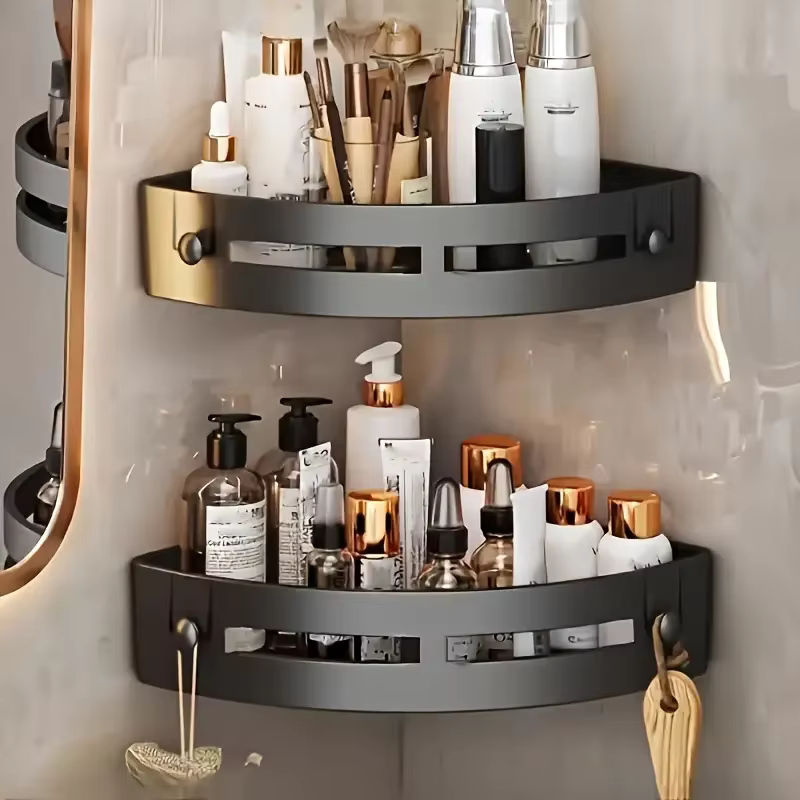 YANKE Wandmontiertes Badezimmer-Organizer-Regal aus Kunststoff in Schwarz mit Haken und Fächern für Shampoo und Handtücher - Bild 4