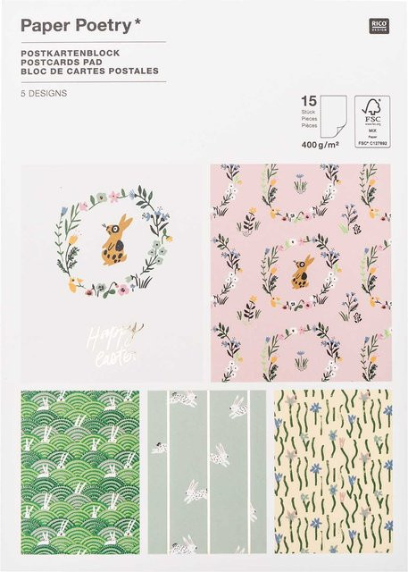 Rico Design Paper Poetry Postkartenblock Bunny Hop mit 15 Stück in Rosa, Mint und Gelb - Bild 1