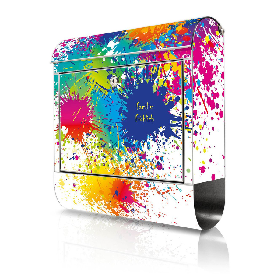 banjado Wandbriefkasten aus Edelstahl rostfrei mit Farbspritzer-Motiv in Silber und Multicolour, B/T/H: 38 x 43 x 12,5 cm - Bild 1