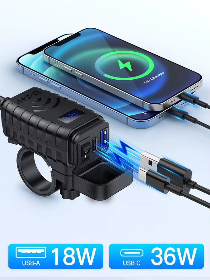 Extractme Motorrad USB Schnellladegerät in Schwarz mit Typ C QC3.0 Steckdose, Voltmeter und Schalter, wasserdicht - Bild 7