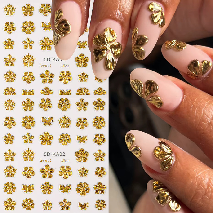 Full Beauty Nagelkunst Aufkleber, Goldene Chrom-Blüten und Schmetterlinge, Glänzend - Bild 2